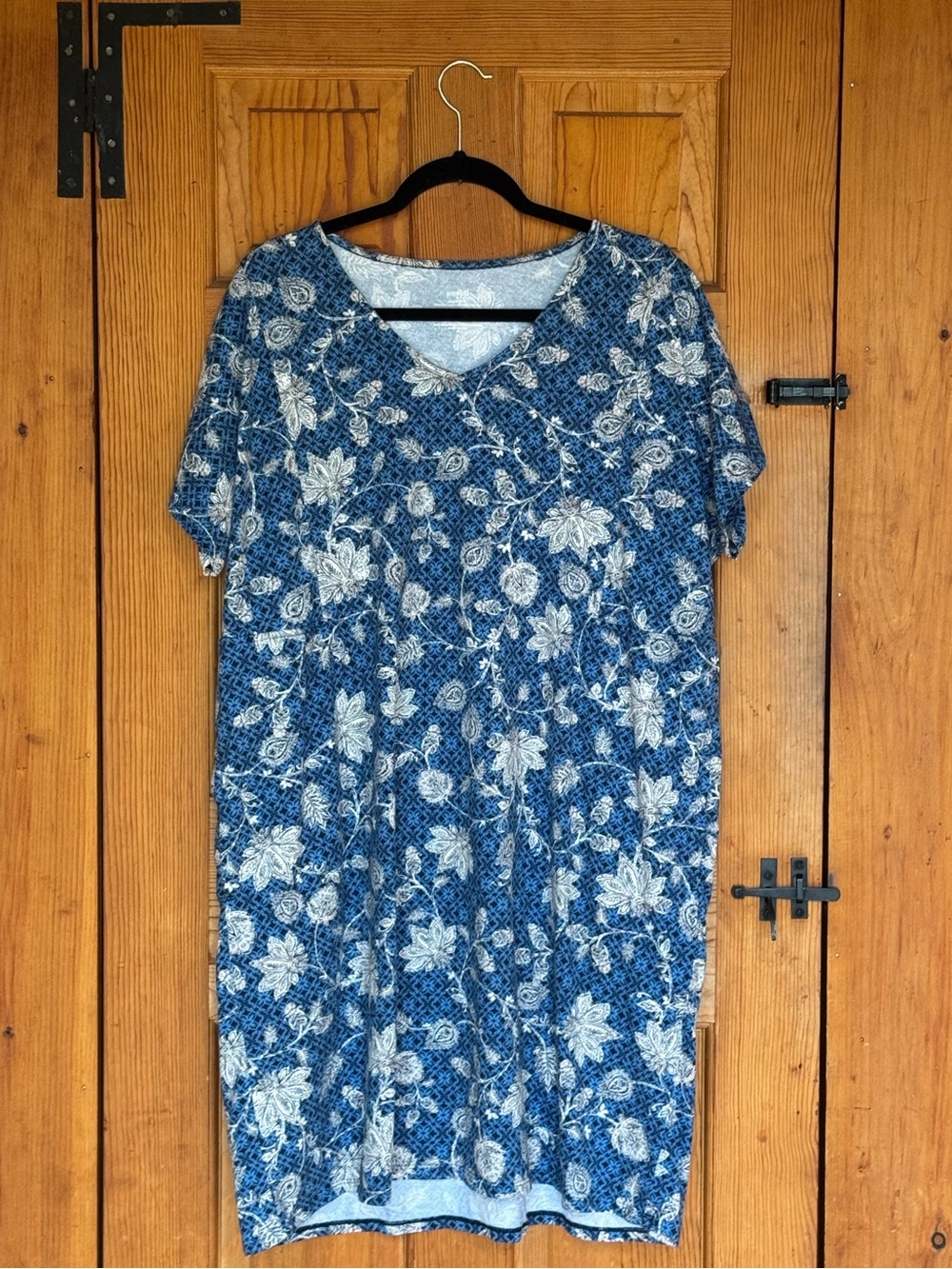 PureJill XL Organic Cotton T-Shirt Dress Blue Floral Short Sleeve Pockets
